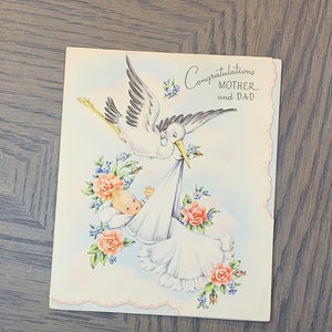 Stork Delivering a New Baby, Congratulations Mother and Dad, Vintage Used Greeting Card, Folding, Floral Design, Craft Project, ~ GC-5 66