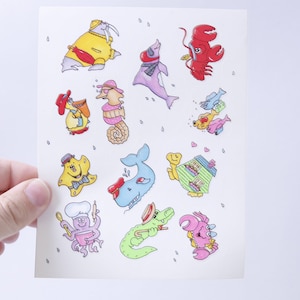 Fish, Crab, Octopus, Star, Turtle, Sea Animals, Sticker Sheet, Cartoon Characters, Pictures, Children, Vintage, Collection ~ 20-01-356 AA