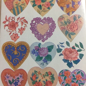 Feuille d'autocollants unique vintage coeurs floraux des années 1980, collection d'autocollants artisanat de marque ~ 20-01-28