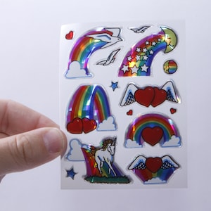 Distributeur automatique des années 80, arc-en-ciel, coeurs, licorne, fantaisie, nuages, amour, ailes, feuille d'autocollants, enfants, création manuelle, fabrication de cartes, vintage, ~ 27-20-20-945