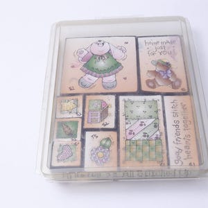 友達、ウサギ、テディベア、ステッチ、TS - スタンプセット、木製、ゴム、メッセージスタンプ - ヴィンテージ - カード作り ~ 20-01-953 AA