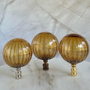 Oversized Ribbed Optic Glass Lamp Finial - Handblown Brown Glass Ball Lamp Topper Striped Brown Blown Glass Lamp Finial