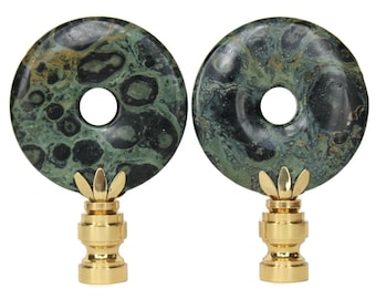 Kambaba Jasper Lamp Finials - Deep Green and Black Tones on Shiny Brass Hardware - A Single Finial or Matching Pair