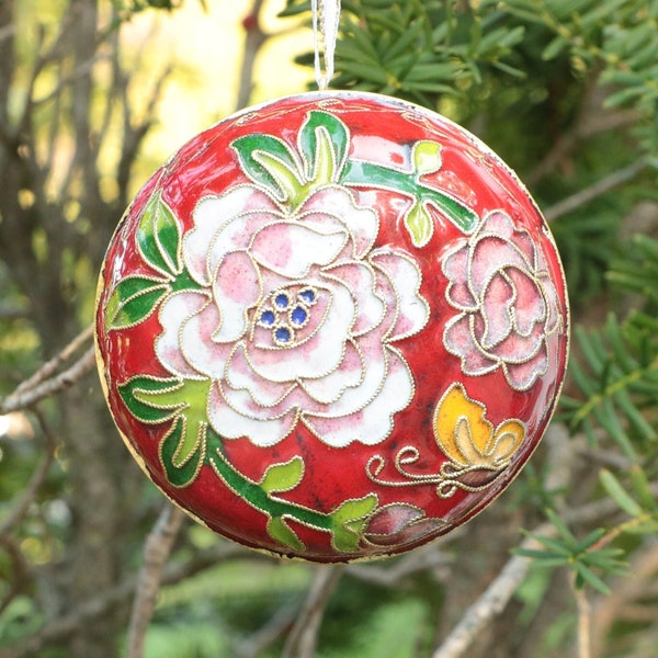 Champlevé Cloisonné Rose Floral Christmas Ornament in Red