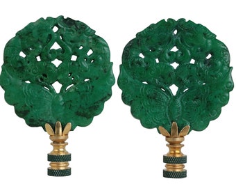 Jade Green Butterfly Carved Stone Lamp Finials on Brass Hardware - Green & Gold Asian Lamp Finials - A Single Finial or Matching Pair