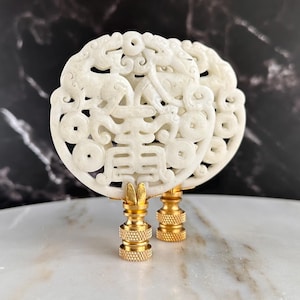 Guardian Foo Dog Lamp Finials in White on Brass Hardware - A Matching Pair or Single Asian Lamp Topper