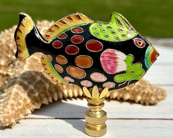 Fish Lamp Finial on Brass or Chrome Hardware - A Single Spotted Cloisonne Saltwater Fish Lamp Topper in Black