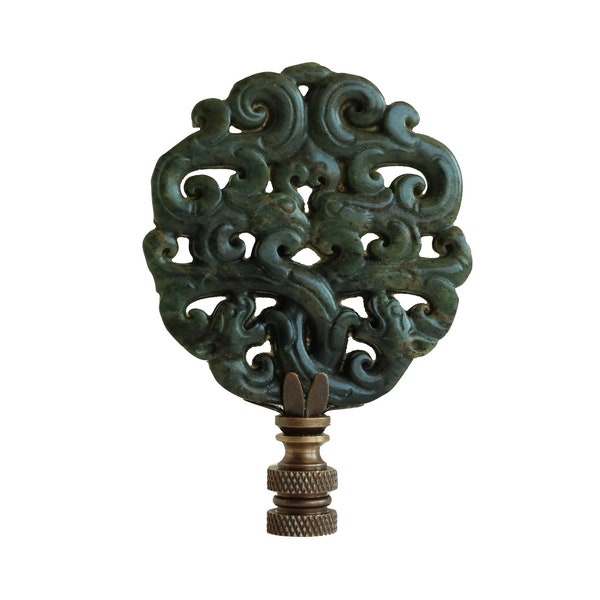 Fleuron de lampe asiatique en pierre à volutes gris fumé sur quincaillerie bronze