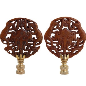 Asian Elephant Lamp Finials in Chestnut Brown on Brass Hardware - A Matching Pair