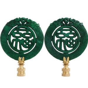 Chinese Calligraphy Symbol Carved Stone Lamp Finials - Jade Green on Brass Hardware - A Matching Pair of Asian Lamp Finials