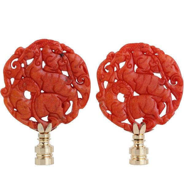 Asian Wildlife Carved Stone Lamp Finials in Chinese Iron Red on Shiny Golden Brass Hardware - A Matching Pair or Single Lamp Finial