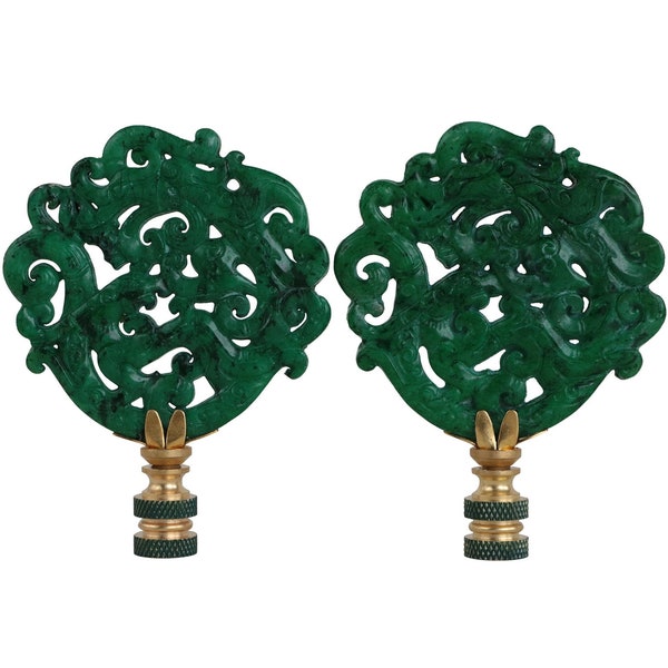 Chinoiserie Scrolled Stone Lamp Finials - Dappled Jade Green Asian Lamp Finials on Brass Hardware- A Matching Pair