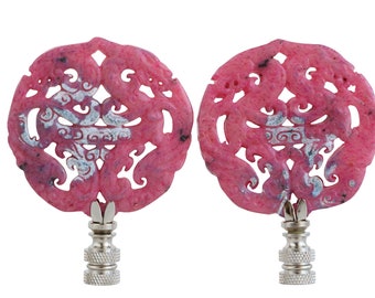 Chinese Carved Stone Lamp Finials - Pink & Grey Chinoiserie Lamp Toppers on Silvery Chrome Hardware - A Matching Pair