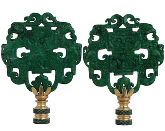 Chinese Archaic Style Carved Stone Lamp Finials - Deep Jade Green Asian Lamp Finials on Brass Bases - A Matching Pair