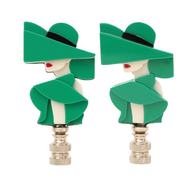 Art Deco Revival Green Lady Lamp Finials on Chrome Hardware - A Matching Pair or Single 80's Style Lamp Topper
