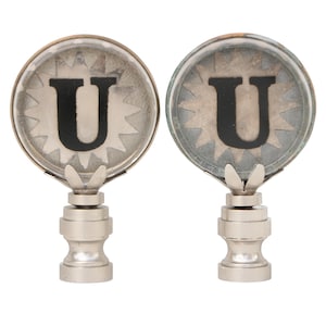 Vintage U Monogram Lamp Finials - Vintage Typography Letter U in Silver Tone Brushed Nickel - Old Style Font, A Pair
