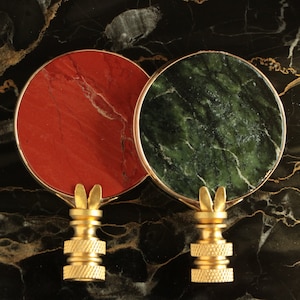 Two-Tone Red & Green Natural Marble and Stone Lamp Finials on Brass Hardware - a Matching Pair