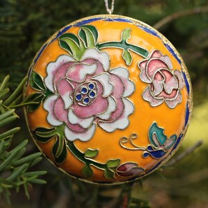 Champlevé Cloisonné Christmas Ornament with Rose Floral Design in Chinese Imperial Yellow