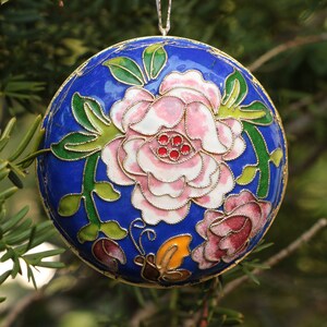 Champlevé Cloisonné Christmas Ornament with Rose Floral Design in Cobalt Blue
