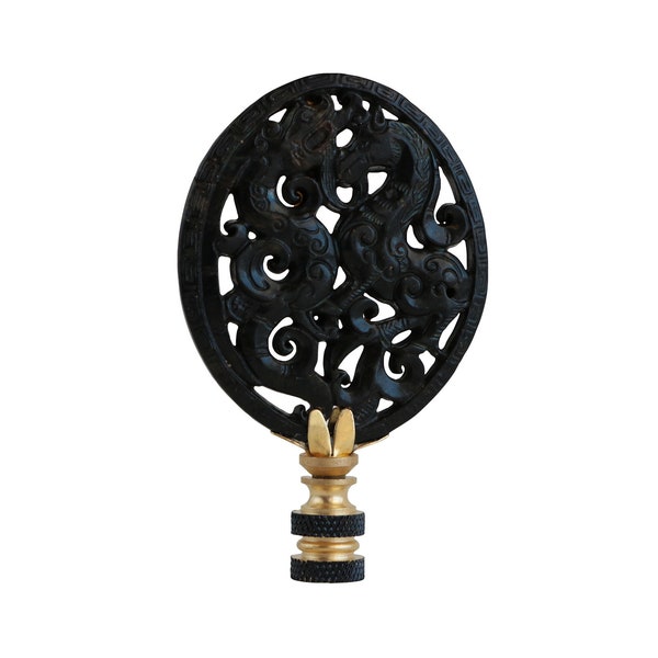 Oval Chinoiserie Carved Stone Lamp Finial - Licorice Black on a Brass Base