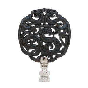 Black Dragon Carved Stone Lamp Finial - Licorice Black on Chrome Hardware