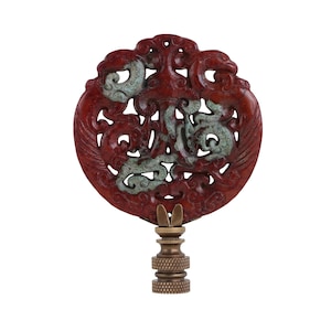 Chinese Mottled Stone Lamp Finial - Asian Lamp Finial in Mahogany Brown & Sage Green on Bronze Hardware