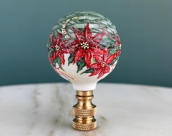 Porcelain Poinsettia Flower Lamp Finial on Brass Hardware - Floral Christmas Lamp Topper