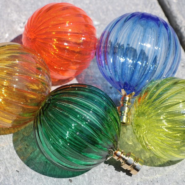 Oversized Ribbed Optic Glass Lamp Finial on Brass Hardware - Handblown Glass Ball Lamp Topper