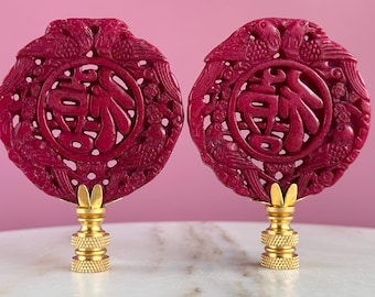 Chinese Lovebird Carved Stone Lamp Finials - Deep Pink with Brass Hardware - A Matching Pair of Chinoiserie Lamp Toppers