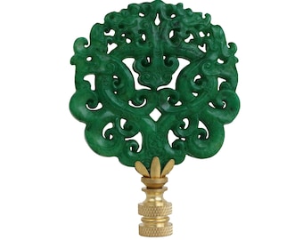 Chinoiserie Scrolled Stone Lamp Finial - Jade Green on Brass Hardware