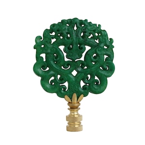 Chinoiserie Scrolled Stone Lamp Finial - Jade Green on Brass Hardware