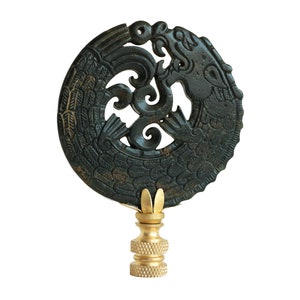 Sea Serpent Carved Stone Asian Lamp Finial in Black on Brass Hardware - Black & Gold Asian Lamp Finial