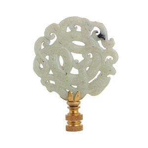 Chinese Knot Carved Stone Lamp Finial in Warm White on Brass Hardware