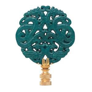 Dragon Scrolled Stone Lamp Finial - Teal on Brass Hardware