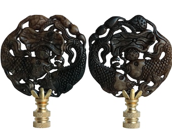 Koi Pond Lamp Finials - Chinese Carved Stone Fish - Variegated Brown on Brass Bases - A Matching Pair or Single Lamp Finial