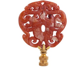 Chinese Iron Red Variegated Stone Lamp Finial - Mottled Salmon on Brass Hardware