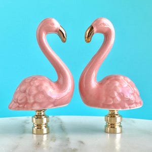 Pink Flamingo Lamp Finials in Ceramic on Golden Brass Hardware - A Matching Pair or Single Lamp Topper