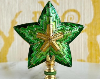 Cloisonné Star Lamp Finial on Brass Hardware - A Single Green & Gold Star Lamp Topper