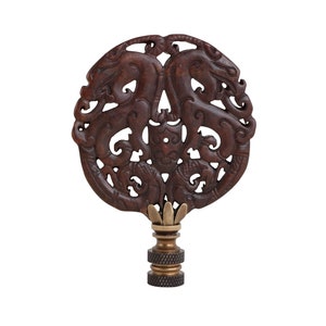 Dragon Crest Chinese Carved Stone Lamp Finial in  Brown on Bronze Hardware