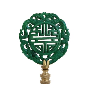 Chinese Lattice Carved Stone Lamp Finial - Jade Green on Brass Hardware
