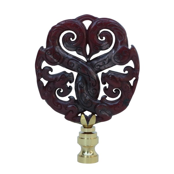 Entwined Dragon Heart Carved Stone Asian Lamp Finial in Deepest Mahogany on Brass Hardware