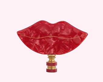 Hot Lips Lamp Finial on Brass Hardware - Lipstick Red Mouth Lamp Topper