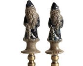Salt Glazed Stoneware Santa Claus Lamp Finials on Antiqued Brass Bases - Cobalt Blue Accented Rowe Pottery Santa Figurine Lamp Toppers