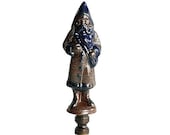 Salt Glazed Pottery Santa Claus Lamp Finial on a Bronze Tone Base - Cobalt Blue Accented Stoneware Pottery Santa Figurine Lamp Topper