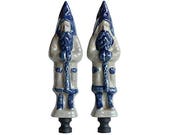Salt Glazed Stoneware Santa Claus Lamp Finials on Blackened Brass Bases, A Pair - Cobalt Blue Accented Pottery Santa Figurines Lamp Toppers