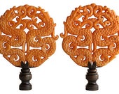 Double Dragon Asian Carved Stone Lamp Finials - Butterscotch Yellow on Bronze Tone Bases - A Matching Pair