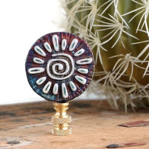 Raku Sun Lamp Finial on Brass Hardware - Southwestern Style Rustic Lamp Topper