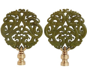 Scrolled Asian Carved Stone Lamp Finials - Moss Green on Shiny Brass Bases - A Matching Pair