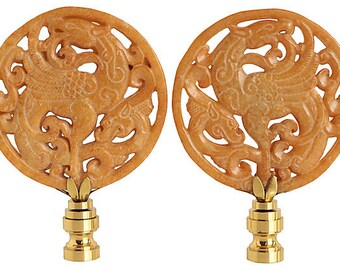 Smiling Dragon Asian Lamp Finials Hot Pink Carved Stone on Shiny Chrome Bases A Matching Pair