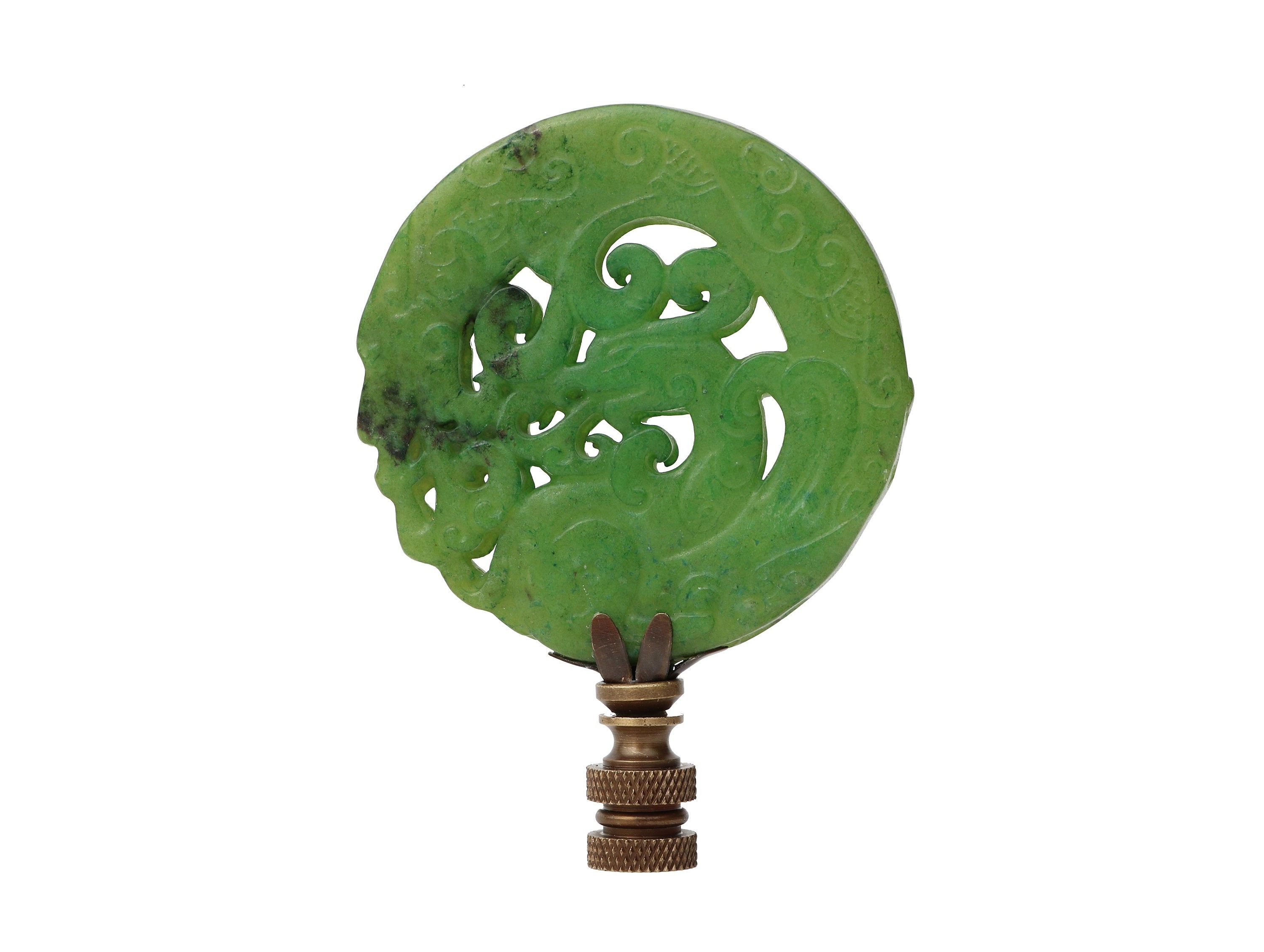 Captured Dragon Chinese Carved Stone Lamp Finial in Kiwi Green on Bronze Hardware